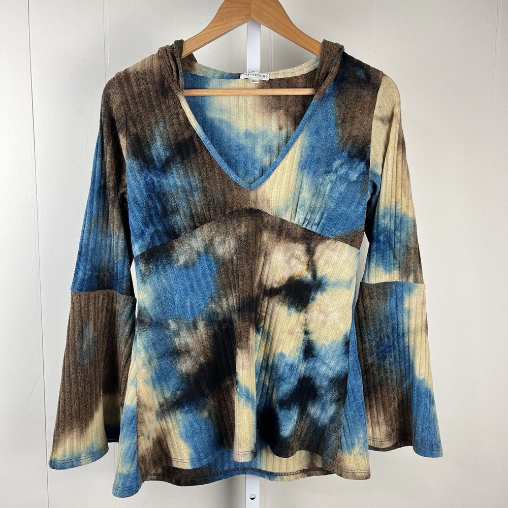 Earthbound Trading Co Sweater Hoodie Womens Large‎ Tie Dye Ribbed Bell Sleeve